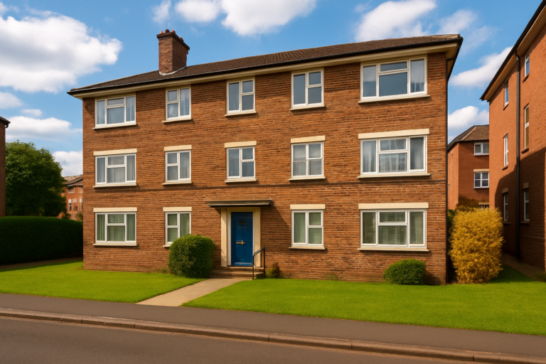 Typical flat building in Selhurst with red brick façade, blue door, and tidy lawn - ideal for listings by estate agents in Selhurst.